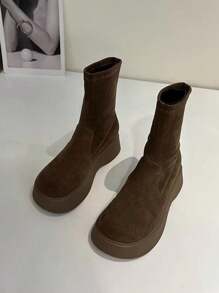 Fashionable Versatile Slip-On Thick Sole Women Boots, Suede Soft Mid-Calf Boots - Khaki - View 1