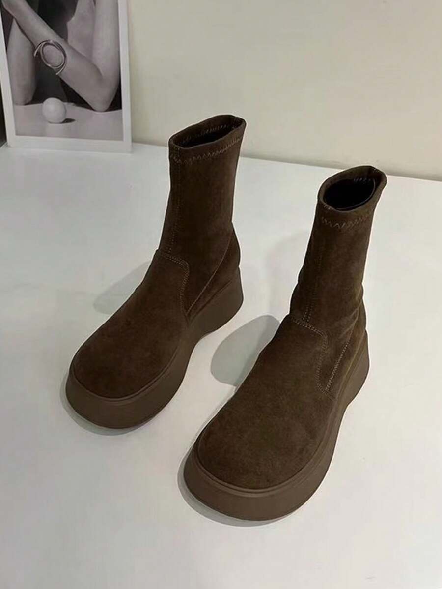 Fashionable Versatile Slip-On Thick Sole Women Boots, Suede Soft Mid-Calf Boots - Khaki - View 1