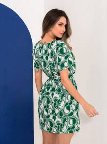 Short Printed Dress With Tie Belt - Verde - Ver 4