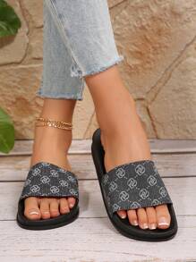 夏季女士露趾拖鞋，跨境时尚新款舒适一脚蹬拖鞋，大码女士沙滩鞋，柔软女士拖鞋 - 灰色 - 查看 5