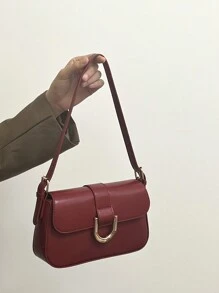 Bolso cuadrado pequeño con hebilla en forma de herradura en tono burdeos vintage, bolso de mano a la moda, bolso de hombro y bandolera
