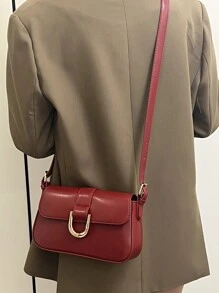 Bolso cuadrado pequeño con hebilla en forma de herradura en tono burdeos vintage, bolso de mano a la moda, bolso de hombro y bandolera