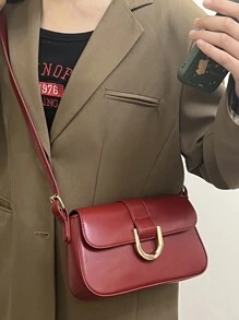Bolso cuadrado pequeño con hebilla en forma de herradura en tono burdeos vintage, bolso de mano a la moda, bolso de hombro y bandolera
