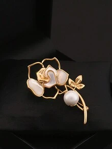 1 chiếc trâm cài áo ngọc trai rỗng hình hoa trà thanh lịch, thời trang nữ dùng để cài áo sơ mi, bộ đồ, đồ trang trí quần áo, quà tặng cho bạn bè - Vàng - Xem 4