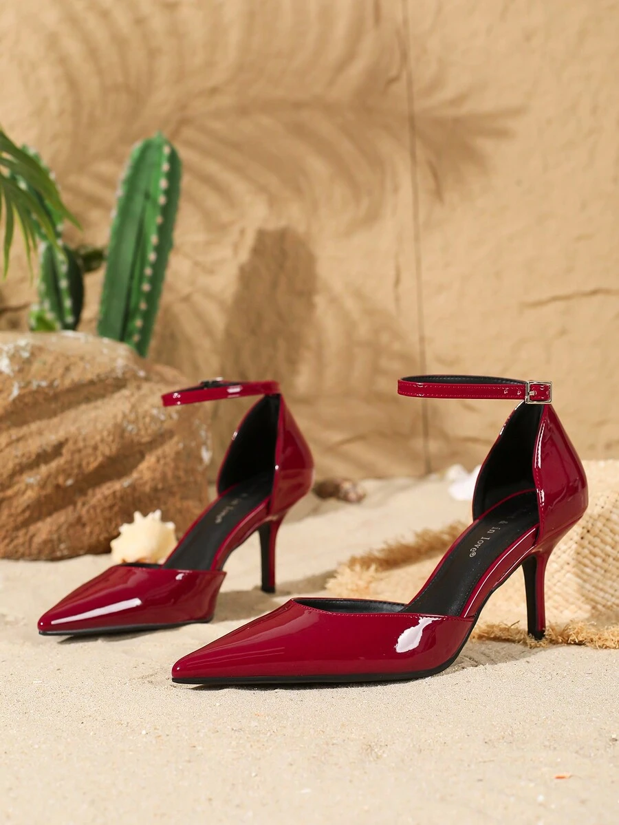 On feet& in love Fashionable Patent Leather Pointed Toe Stiletto Heel Hollow Out Ankle Strap High Heels,Burgundy Heels - Burgundy - View 1