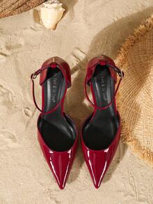 On feet& in love Fashionable Patent Leather Pointed Toe Stiletto Heel Hollow Out Ankle Strap High Heels,Burgundy Heels - Burgundy - View 3