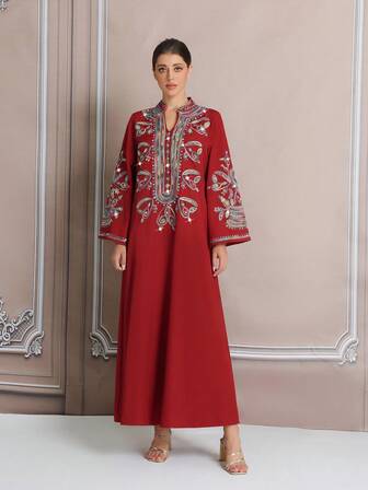 中东红色 3D 超大、复古图案绳绣、水钻装饰优雅长袍连衣裙、迪拜长袍、土耳其时尚大码女式长袍、现货 Abaya BC4606（定制设计）