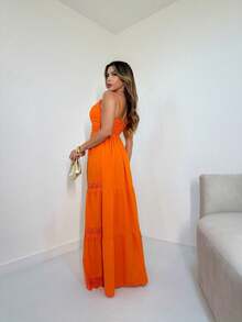 Women's Long Dress Plain Lycra Plain Strap Tie Flare Elastex Party/ML3501 - 橘色 - 查看 3