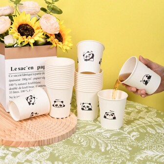 50PCS Simple Style Paper Cups With Different Panda Patterns, Thickened Office Home Commercial Drink Cups, Anti-Slip And Leak-Proof 250ML, Suitable For Family Dinners, Outdoor Camping, Office Disposable Paper Cups
