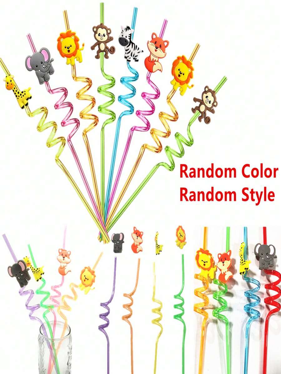 4pcs Random Color, Random Style, Reusable Jungle Animal Plastic Drinking Straws For Lion Fox Zebra Giraffe Elephant Birthday Party Supplies Favors, Woodland Party Gift Favors Gifts,Kitchen,Christmas Gift Back To School