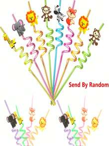 4pcs Random Color, Random Style, Reusable Jungle Animal Plastic Drinking Straws For Lion Fox Zebra Giraffe Elephant Birthday Party Supplies Favors, Woodland Party Gift Favors Gifts,Kitchen,Christmas Gift Back To School