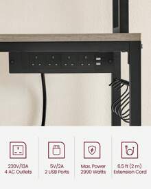 VASAGLE Kitchen Storage Rack With Power Outlet, Coffee Bar, Baker's Rack, With Metal Wire Panel, 14 Hooks, For Microwave, Steel Frame, 40 X 80 X 170 Cm, Greige And Ink Black