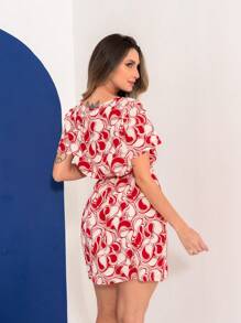 Vestido curto estampado com cinto amarrar - Vermelho - Visão 4