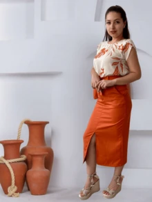 Tailored Midi Skirt With Front Slit And Belt Without Buckle - cá hồi - Xem 3