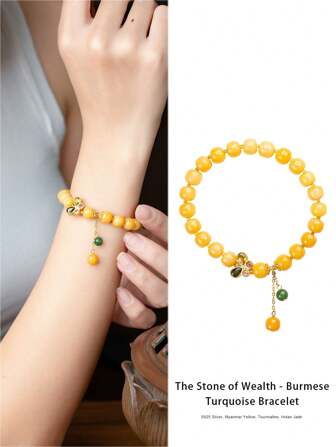  [VE] 1pc High Quality Natural Yellow Jade Bracelet, Decorated With S925 Silver, Hetian Jade & Jade. The Warm And Delicate Color Of The Yellow Jade Is Like The Autumn Sunshine, Symbolizing Wealth, Auspiciousness, Peace And Health. The Unique Color And Luster Of This Jewelry Showcases The Noble And Elegant Elegant Of The Wearer, Making It Unforgettable. Jewelry Color Is Random.