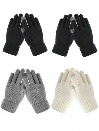 1-4pcs/Set Winter Women Touch Screen Texting Gloves With Plush Pineapple Knit Pattern, Warm Mittens For Cold Weather, Suitable For Cycling, Gathering, Party, School And Daily Activities, A Warm Gift For The Whole Family