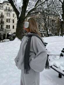 1 件女士纯色斗篷围巾，简约百搭长款保暖围巾，适合秋冬季 - 02-深灰 - 查看 3