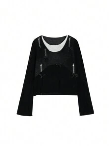 2-In-1 Color Block Distressed Semi-Sheer Knitted Sweater With Bow Decor, Cropped Top - Black and White - View 4