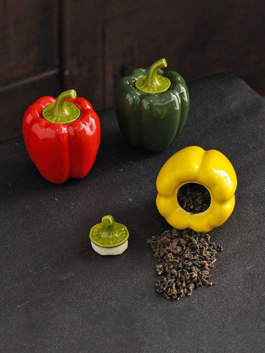 1 件陶瓷辣椒形茶罐，创意展示密封茶叶和食物储存罐 - 彩色 - 查看 1