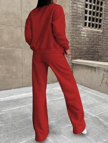 2pcs Casual Solid Color Sweatshirt Jacket Top And Straight Leg Pants Set, Soft Fleece Fabric, Suitable For Spring, Autumn And Winter - Red - View 3