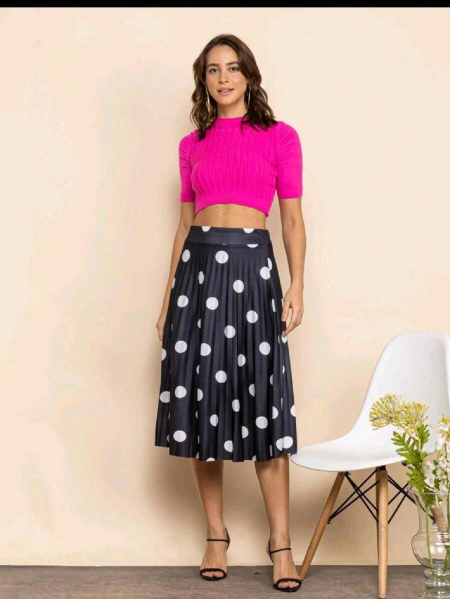 Pleated Skirt, Feminine Model, Casual, Chic, Elegant, Party, , Fresh Fabric, With Polka Dot Detail. - 黑色 - 查看 1