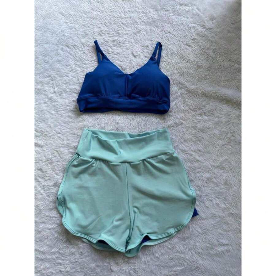 Women's Fitness Set Gym Double Shorts And Top With Pads - 淺藍色 - 查看 1