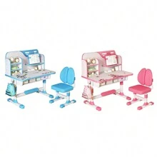 2Pcs/Set Premium Study Desk Chair Set, Height Adjustable  School Study Table Chair Set With Astronaut Pattern, Ergonomic Desk Chair With Large Writing Board, Bookshelf And Drawer (Pink, Blue)
