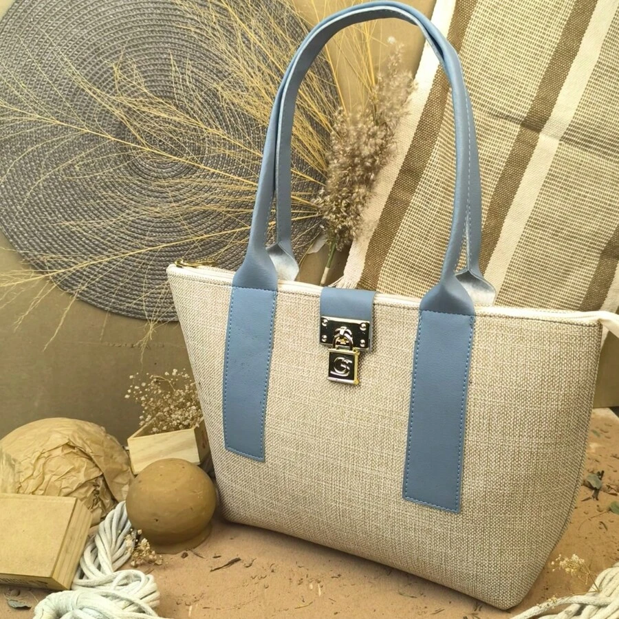 Women's Bag Tropical Padlock Bag Premium Line, Hand And Shoulder Bag, School Bag, School Backpack, Beach Fashion Bag, Spring/Summer, Teenagers, Young People, Teachers, University Students, College, Beach, Holidays, Structured Bag, Fabric And Synthetic PU Finish, Satin Internal Lining And Zipper And Magnetic Closure. Gaby Show - Màu xanh lam - Xem 1