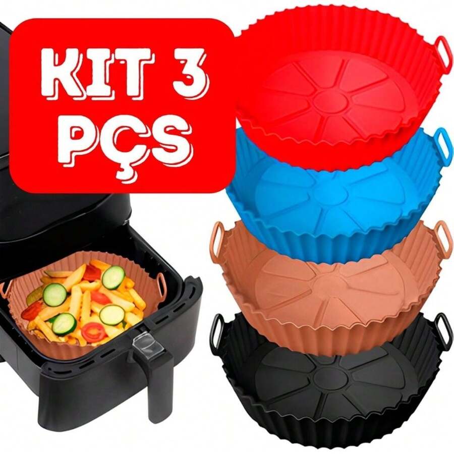 Kit 3 Round Silicone Mold For Air Fryer Microwave Oven Basket - 彩色 - 查看 1