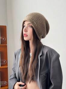 1pc Women Solid Color Stripe Knit Beanie Hat, Fashionable Rabbit Thermal Lined Warm Windproof Ear Muff Roll Up Ski Cap, Suitable For Outdoor Walking And Traveling, Autumn/Winter - MM1530 - View 9