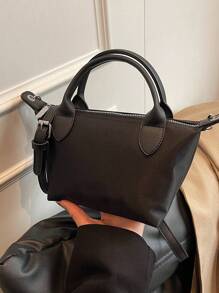 全新女士尼龙纯色单肩包、手提包、邮差包、斜挎包 - 黑色 - 查看 3