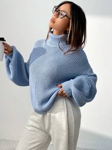 女士简约大方宽松高领灯笼袖针织套头衫