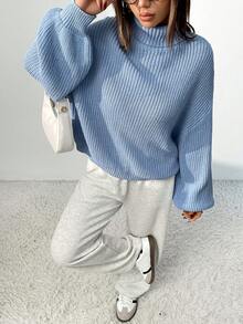 女士简约大方宽松高领灯笼袖针织套头衫