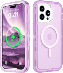 适用于 iPhone 16/15/14/13/12/11 系列透明手机壳，兼容 MagSafe，三层磁性充电盒，iPhone 16 Pro Max 重型防震防摔手机壳，适用于圣诞节、生日、新年礼物、冬季、送给家人、朋友、生日、女朋友、男朋友的礼物 - 紫色 - 查看 1