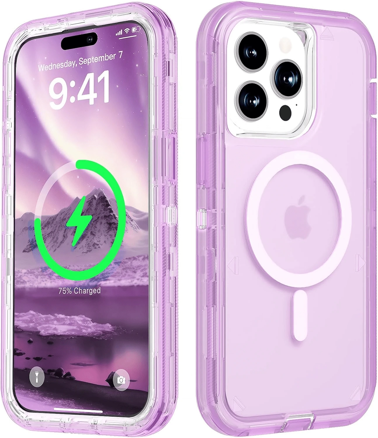 适用于 iPhone 16/15/14/13/12/11 系列透明手机壳，兼容 MagSafe，三层磁性充电盒，iPhone 16 Pro Max 重型防震防摔手机壳，适用于圣诞节、生日、新年礼物、冬季、送给家人、朋友、生日、女朋友、男朋友的礼物 - 紫色 - 查看 1