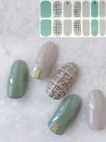 全新绿色格子纺织品设计美甲贴纸 DIY 组合美甲装饰，杏仁色美甲 - 彩色 - 查看 1
