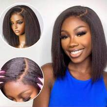250% Density Kinky Straight Lace Fronta Wig Human Hair 13x4 Lace Wigs Pre Plucked With Baby Hair Yaki Straight Lace Wigs For Women Natural Look & Easy Maintenance - Natural Black - 查看 2