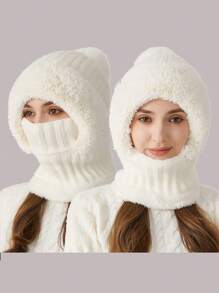 1 pieza Gorro de mujer de punto multicolor y esponjoso con protector de cuello, gorro resistente al viento para ciclismo al aire libre en otoño/invierno