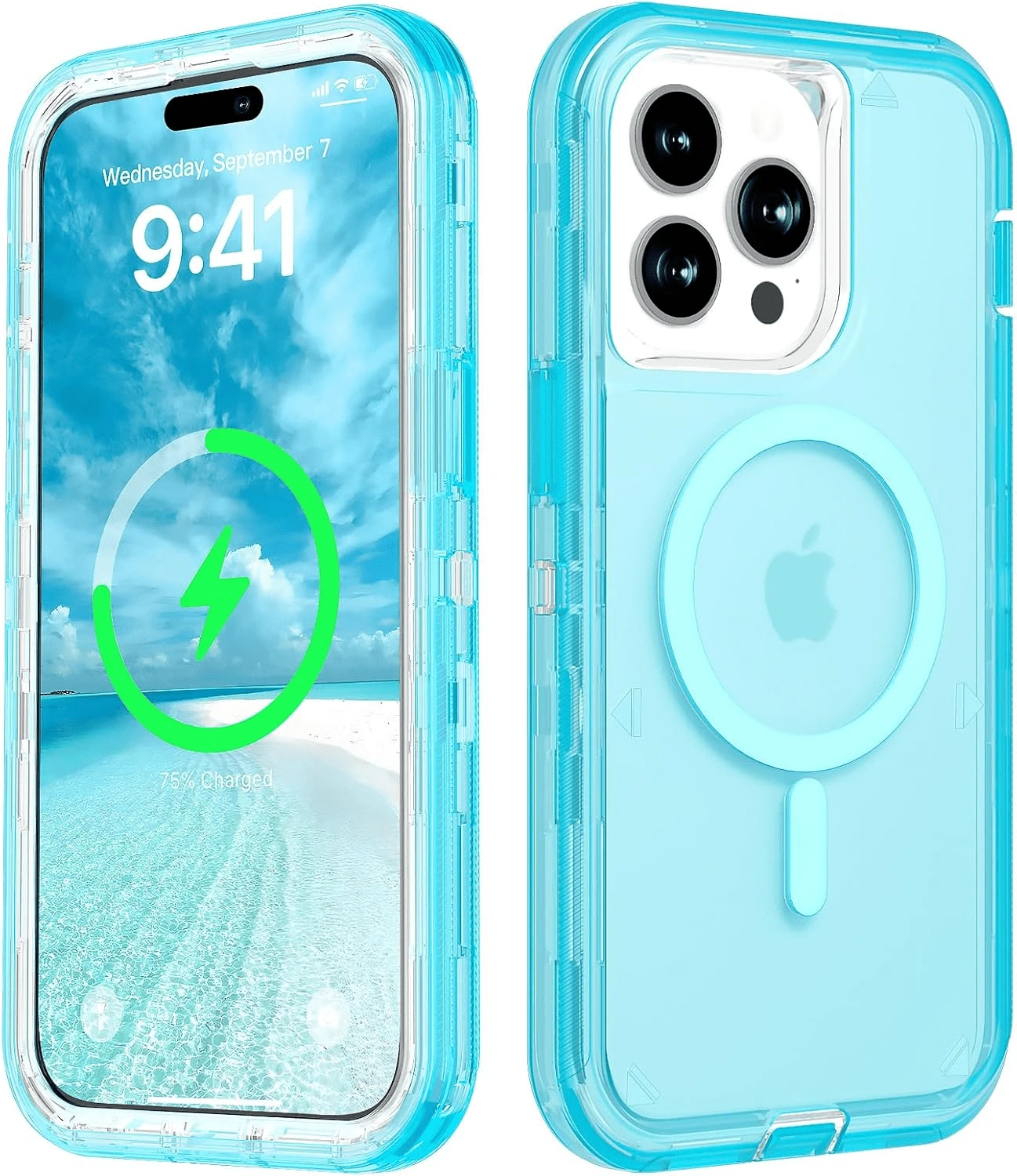 适用于 iPhone 16/15/14/13/12/11 系列透明手机壳，兼容 MagSafe，三层磁性充电盒，iPhone 16 Pro Max 重型防震防摔手机壳，适用于圣诞节、生日、新年礼物、冬季、送给家人、朋友、生日、女朋友、男朋友的礼物 - 藍色 - 查看 1