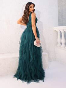 LONG WEDDING PARTY DRESS FOR GODMOTHER IN TULLE WITH SHINE AND WATERFALL SKIRT - Dark Green - View 2