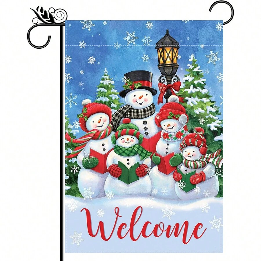 1 Cờ sân vườn in họa tiết người tuyết mừng Giáng sinh ngoài trời hai mặt - Làm bằng polyester, 12 X 18 inch, Trang trí trang trại mùa đông, Trang trí bãi cỏ ngoài trời, Trang trí ngoại thất kẻ caro Buffalo, Bền và chống chịu thời tiết, Không bao gồm cột cờ - Nhiều màu - Xem 1