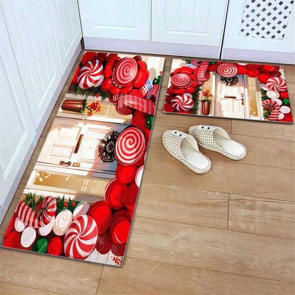 1 pieza Alfombra cuadrada decorativa con patrón de caramelos rojos navideños para comedor, cocina, sala de estar, dormitorio, baño
