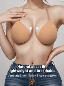 1pair Women's Adhesive Bra With Drawstring Lift-Up Effect And Neck Strap, Suitable For Backless Dresses - Apricot - View 2