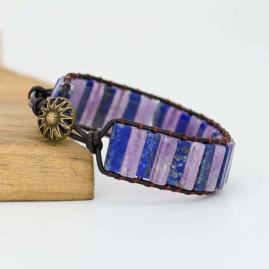1 件复古紫水晶和玛瑙串珠编织手链，适合女士，天然石编织手链 - 彩色 - 查看 1