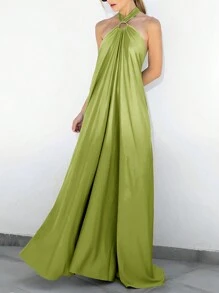 Women's Summer O-Ring Criss Cross Sleeveless Self-Tie Halter Backless Maxi Long Beach Dress - Green - View 3