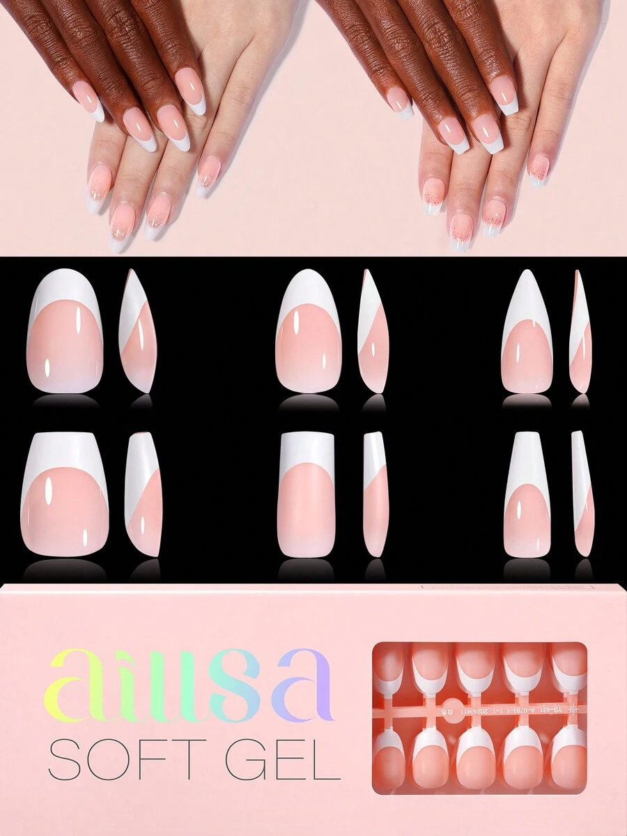 120 件短杏仁色/超短棺材色/长棺材色/长细高跟色/短方形法式指甲贴，15 种尺寸粉色法式亚克力假指甲，适用于美甲 DIY 和美甲沙龙按压指甲用品 - 粉色 - 查看 1