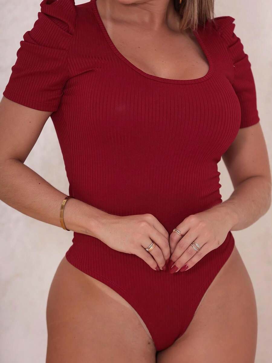 Women's Puffy Princess Sleeve Ribbed Leotard Bodysuit - Màu Đỏ Sâu - Xem 1