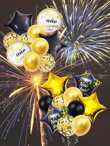 Bộ 10 quả bóng bay CHÚC MỪNG NĂM MỚI, hình ngôi sao năm cánh 18 inch và bóng bay cao su tròn màu đen và vàng, dùng để trang trí tiệc năm mới - Nhiều màu - Xem 2