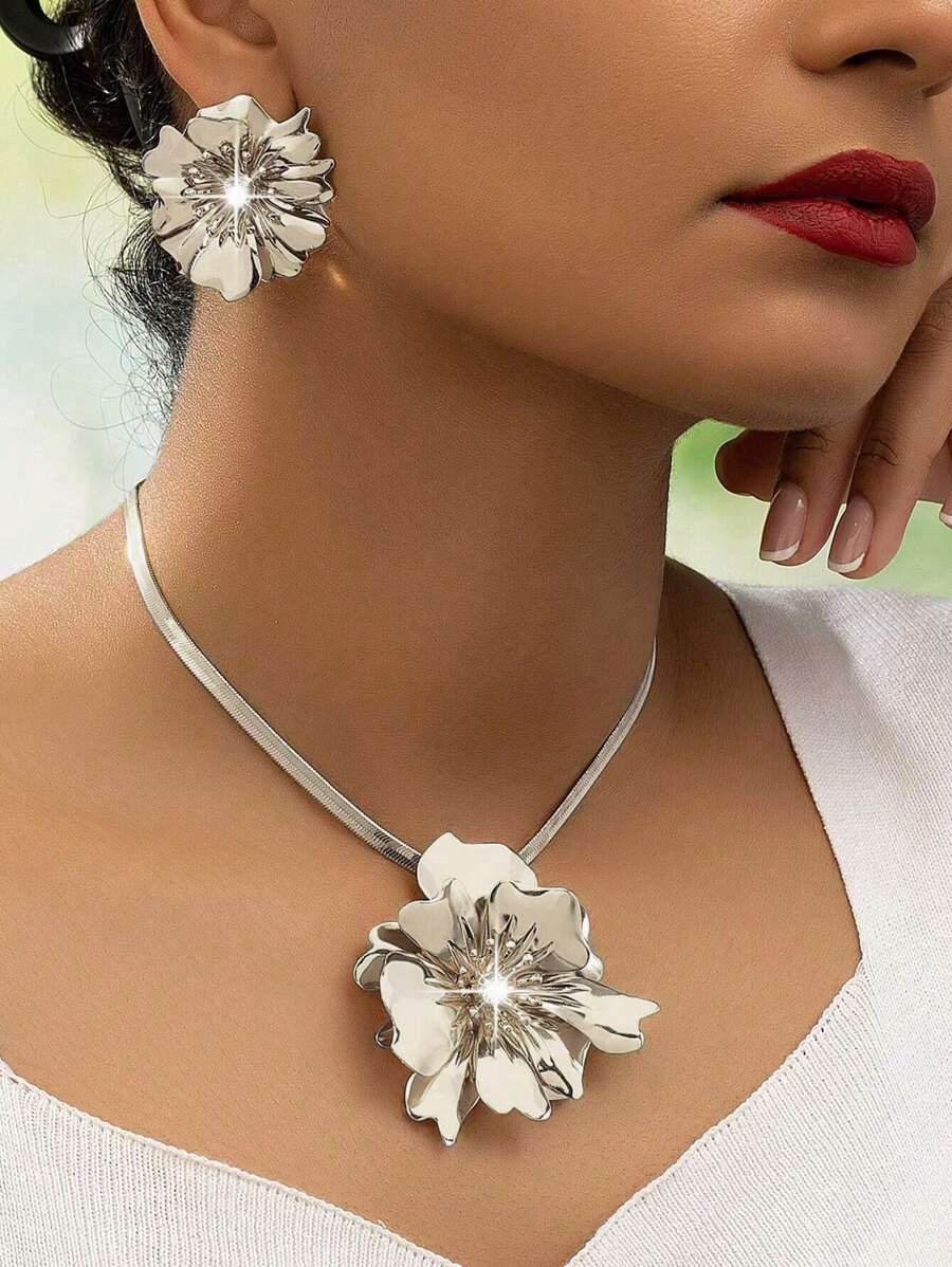 GARMEND Bộ trang sức 3 chiếc vòng cổ và hoa tai trang trí hoa, phong cách thanh lịch dành cho phụ nữ mặc hàng ngày/dự tiệc