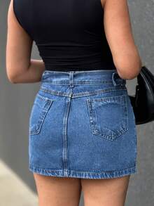 Kissmelady 8309 Women's Denim Skirt With Polyamide Straps Shorts Casual Skirt With Belt 8309 - Rửa tối - Xem 2